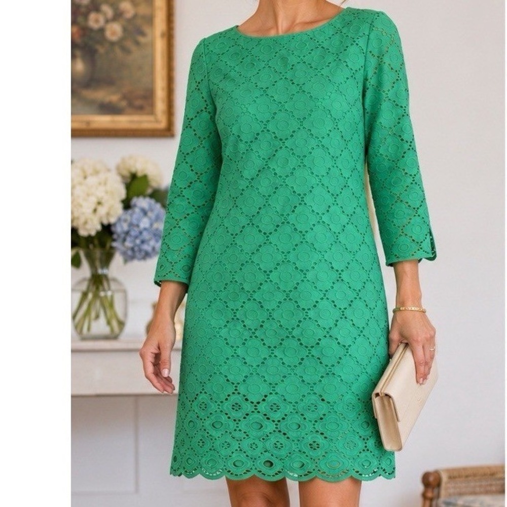 Talbots Eyelet Lace Sheath Dress Womens 2P Green Excellent 3/4 Sleeve‎ Scalloped